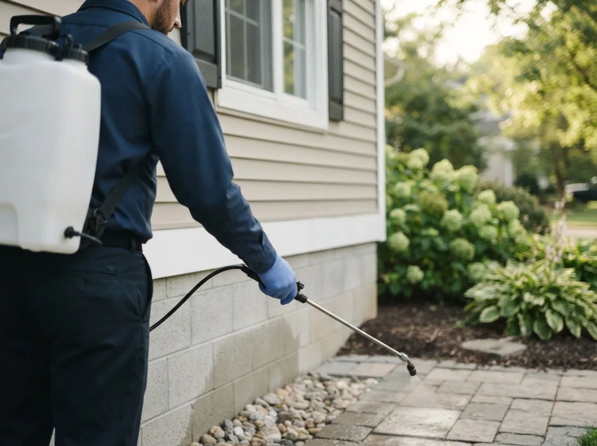 Pest control technician inspecting a home in Childwold, NY